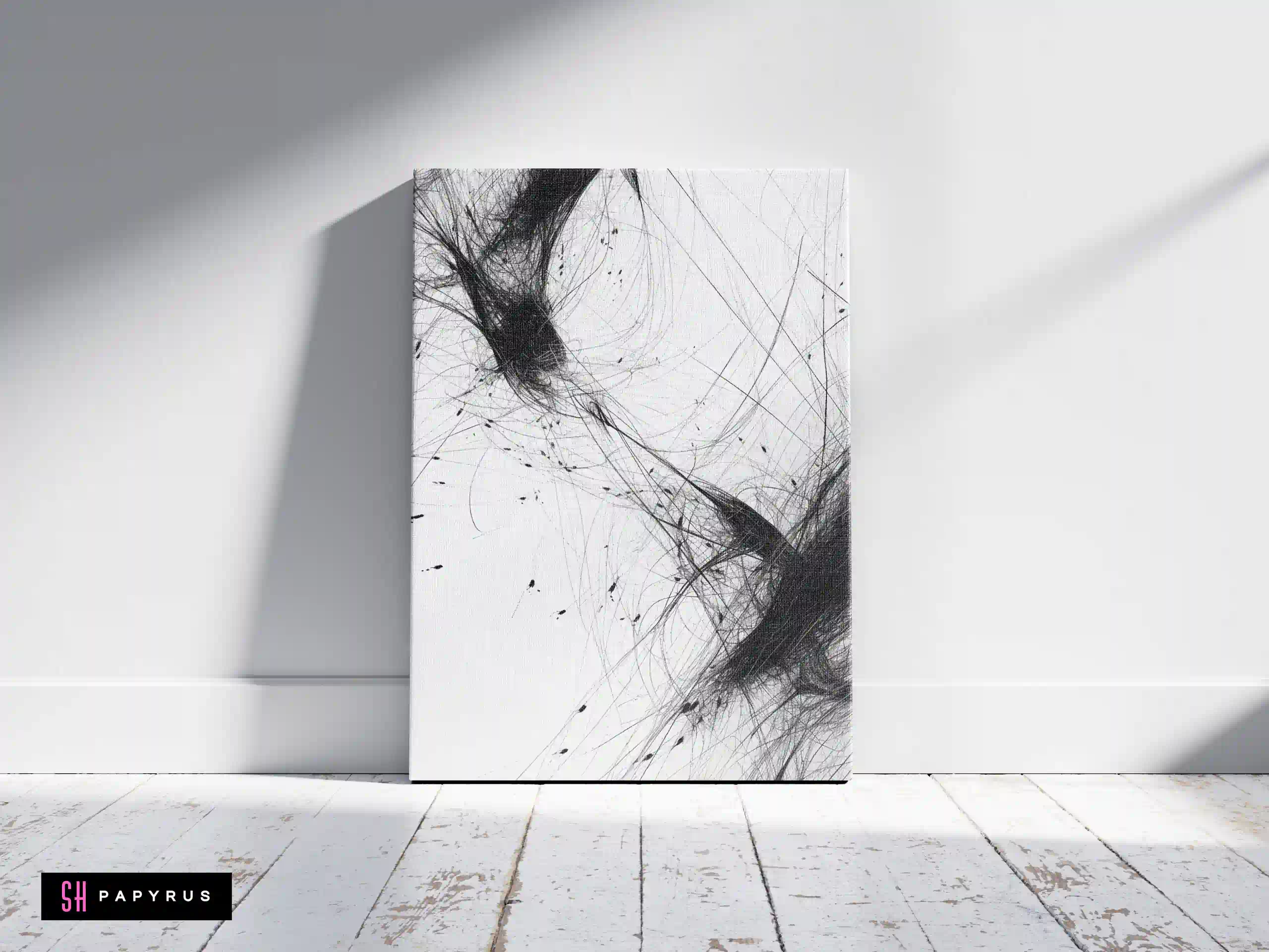 Minimalist black and white abstract wall art featuring fine scribbled lines on a canvas.