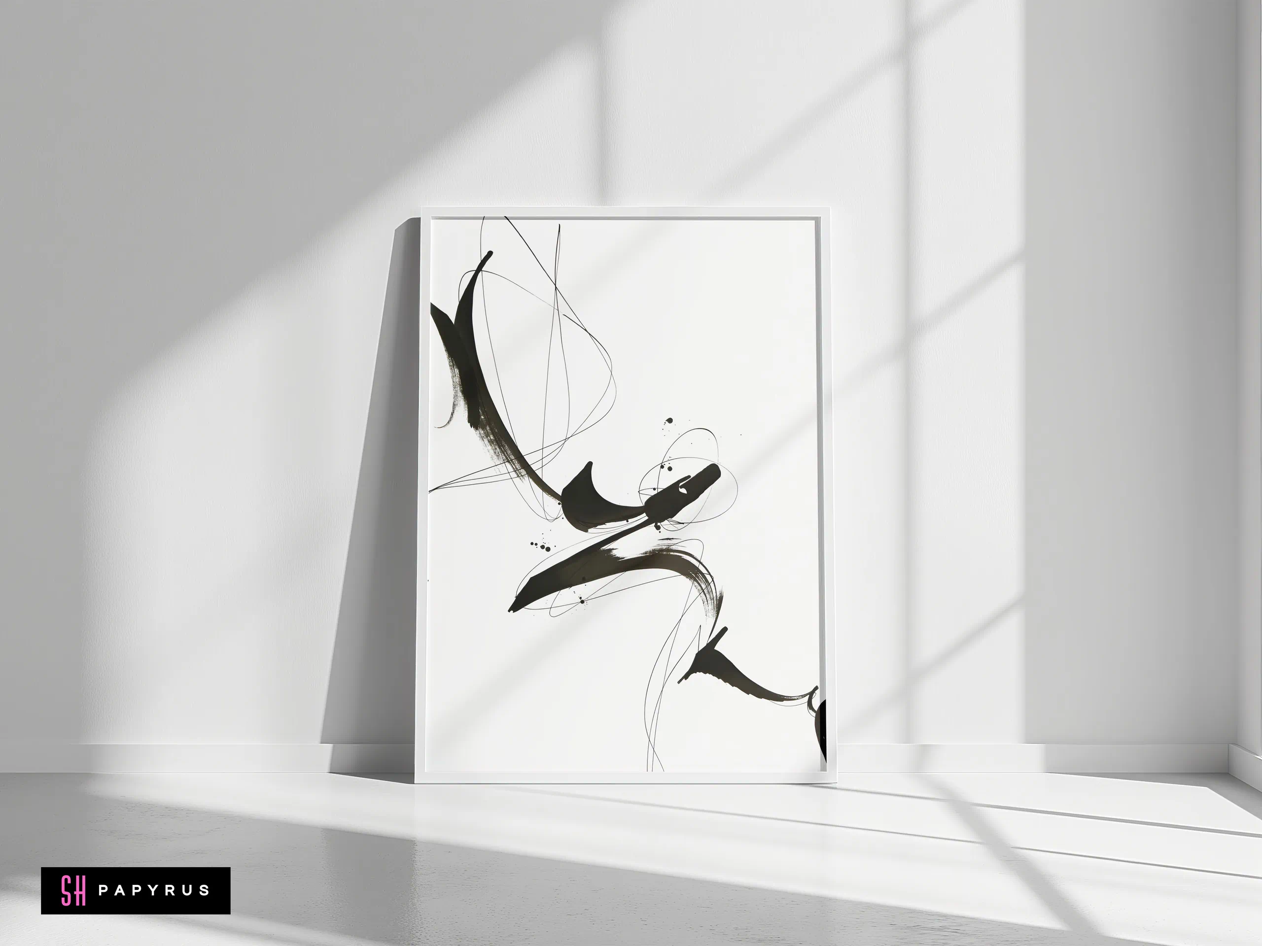 Minimalist modern black ink brush stroke abstract wall art in a sleek white frame.