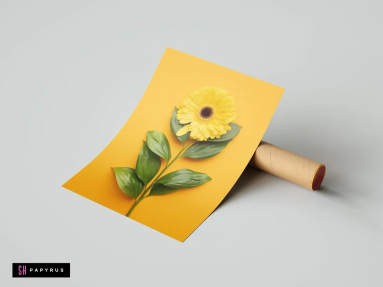 Vibrant yellow gerbera daisy minimalist wall art print with green leaves on yellow background.