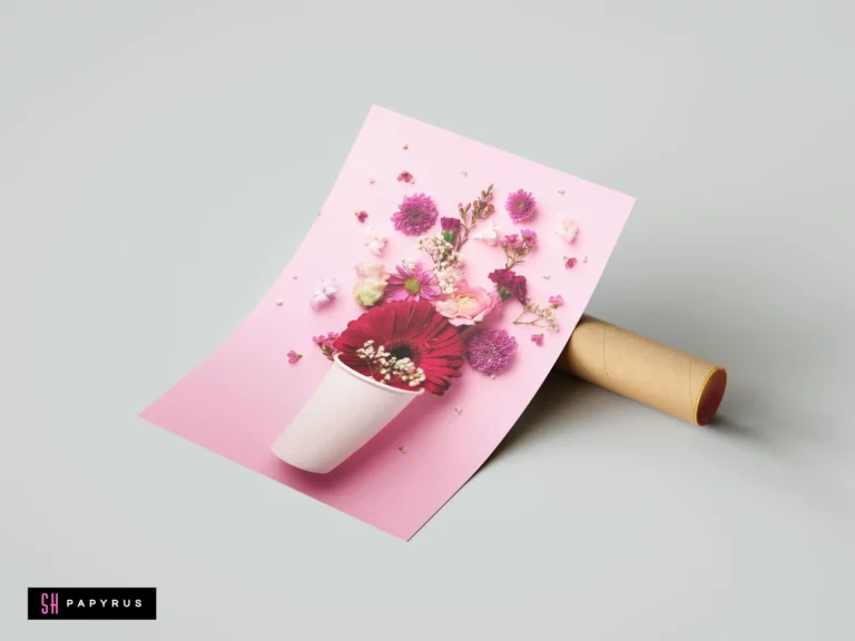 Vibrant pink floral still life wall art featuring magenta flowers bursting from a white cup.