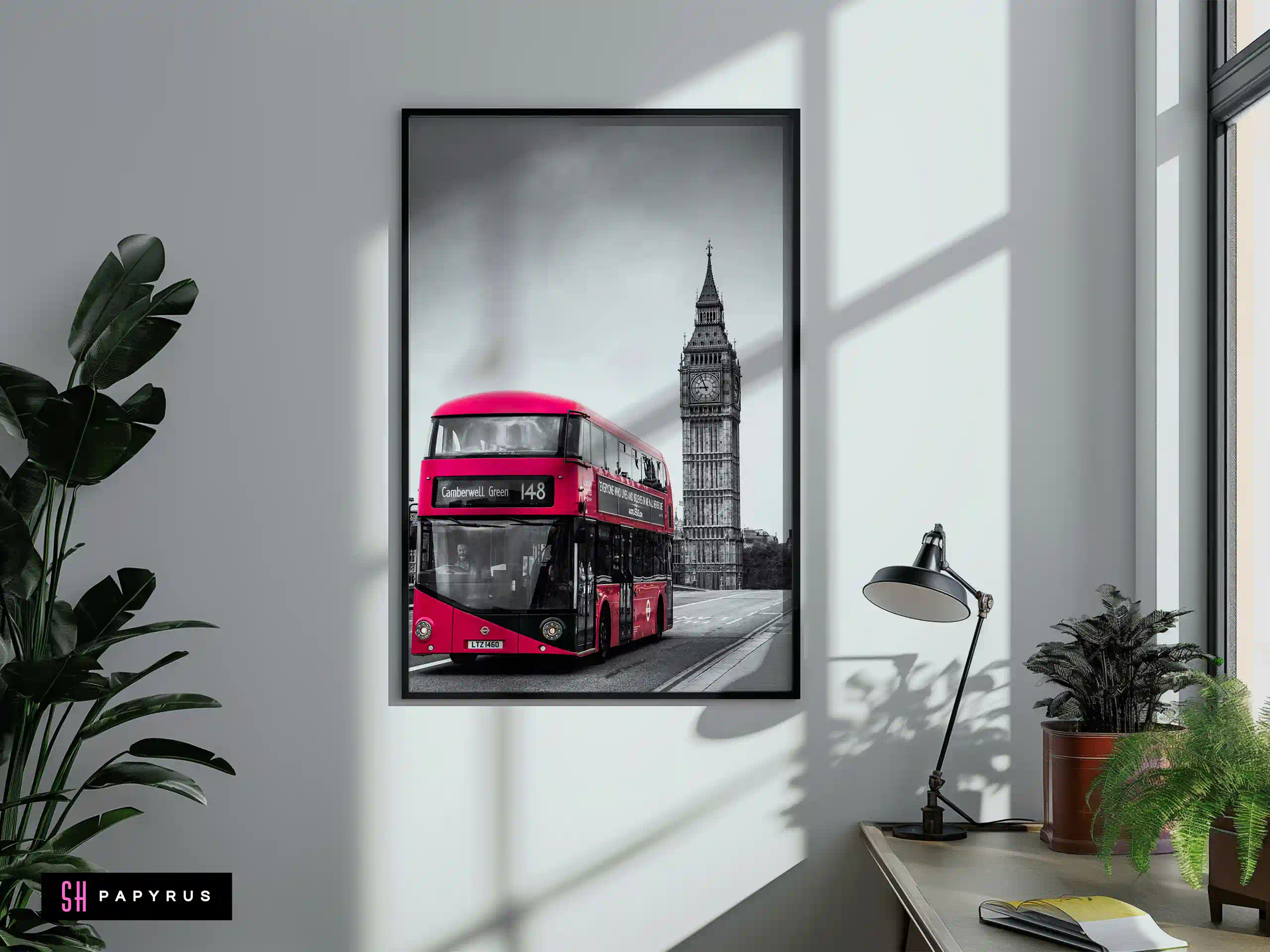 Striking London Red Bus & Big Ben Black and White Art