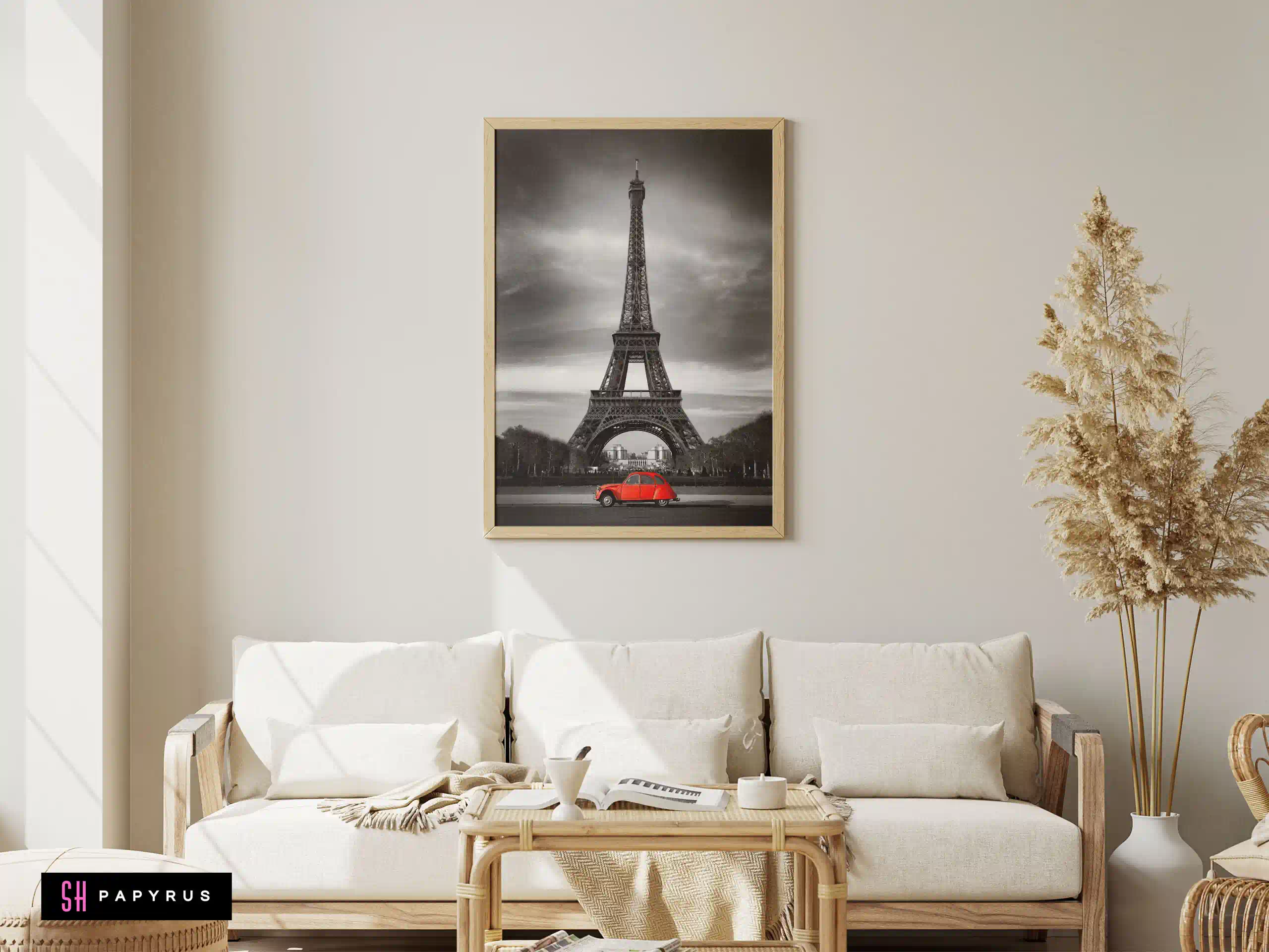 Iconic Eiffel Tower with Vintage Red Car Art Print