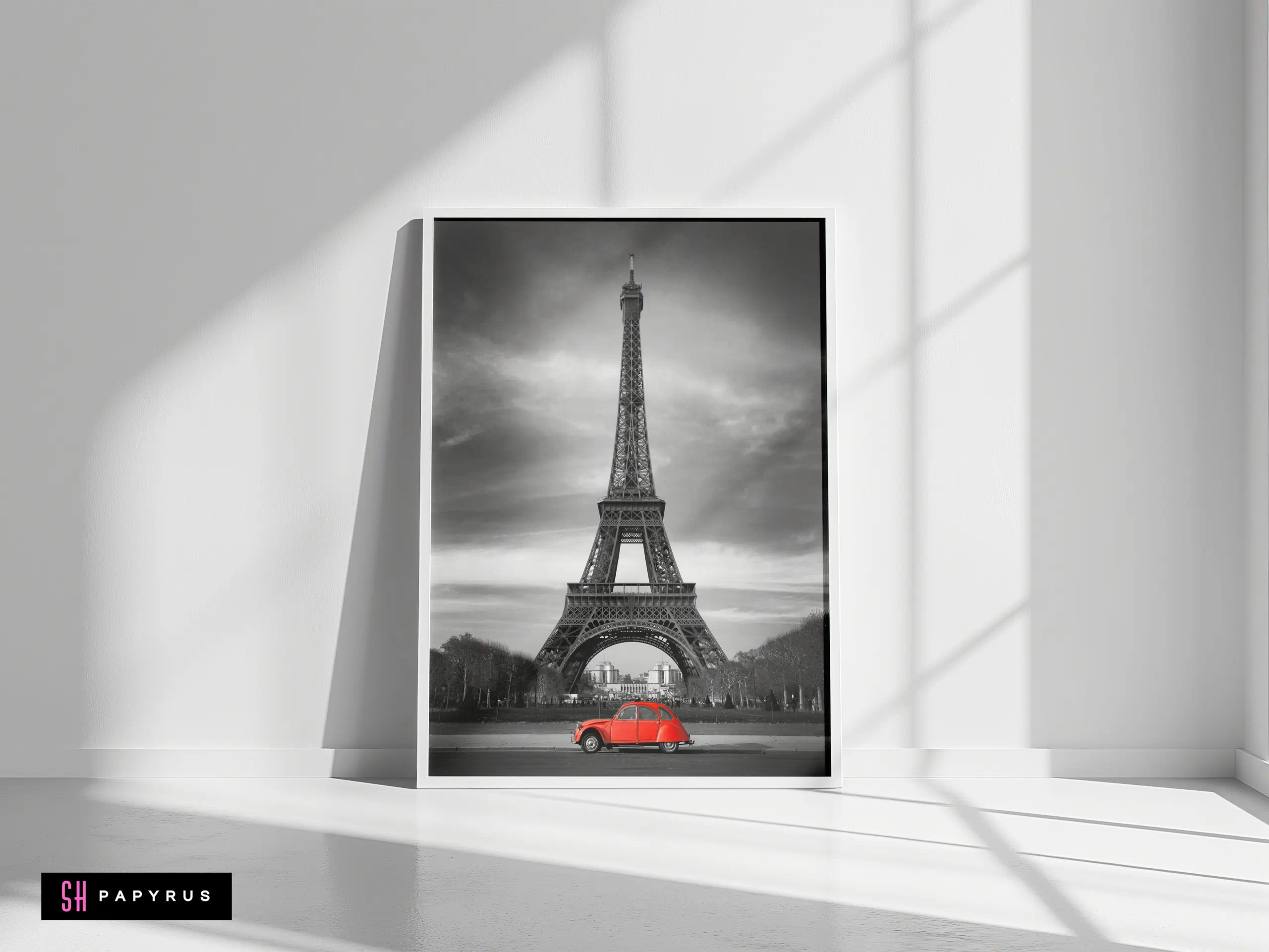Iconic Eiffel Tower with Vintage Red Car Art Print