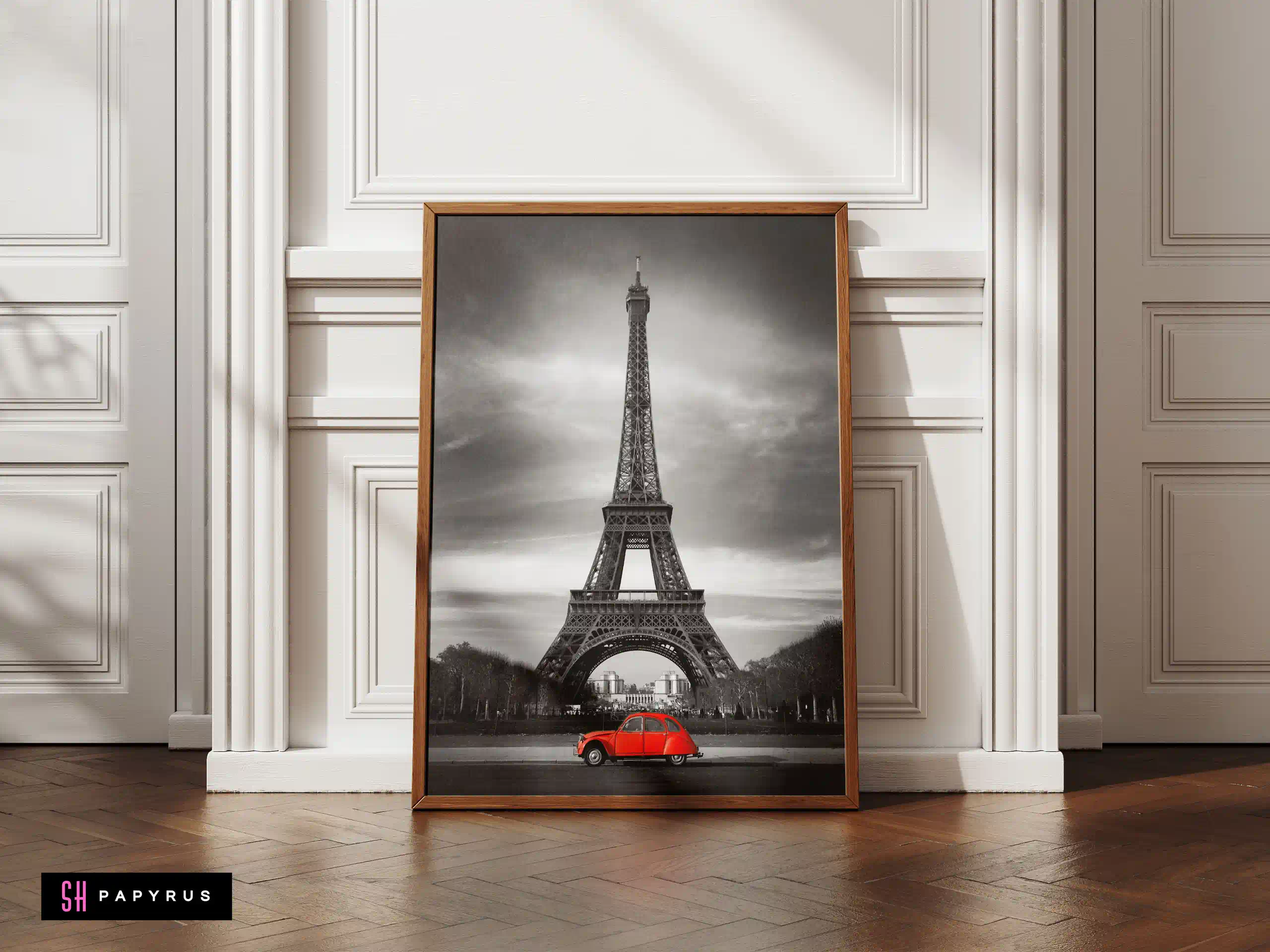 Iconic Eiffel Tower with Vintage Red Car Art Print
