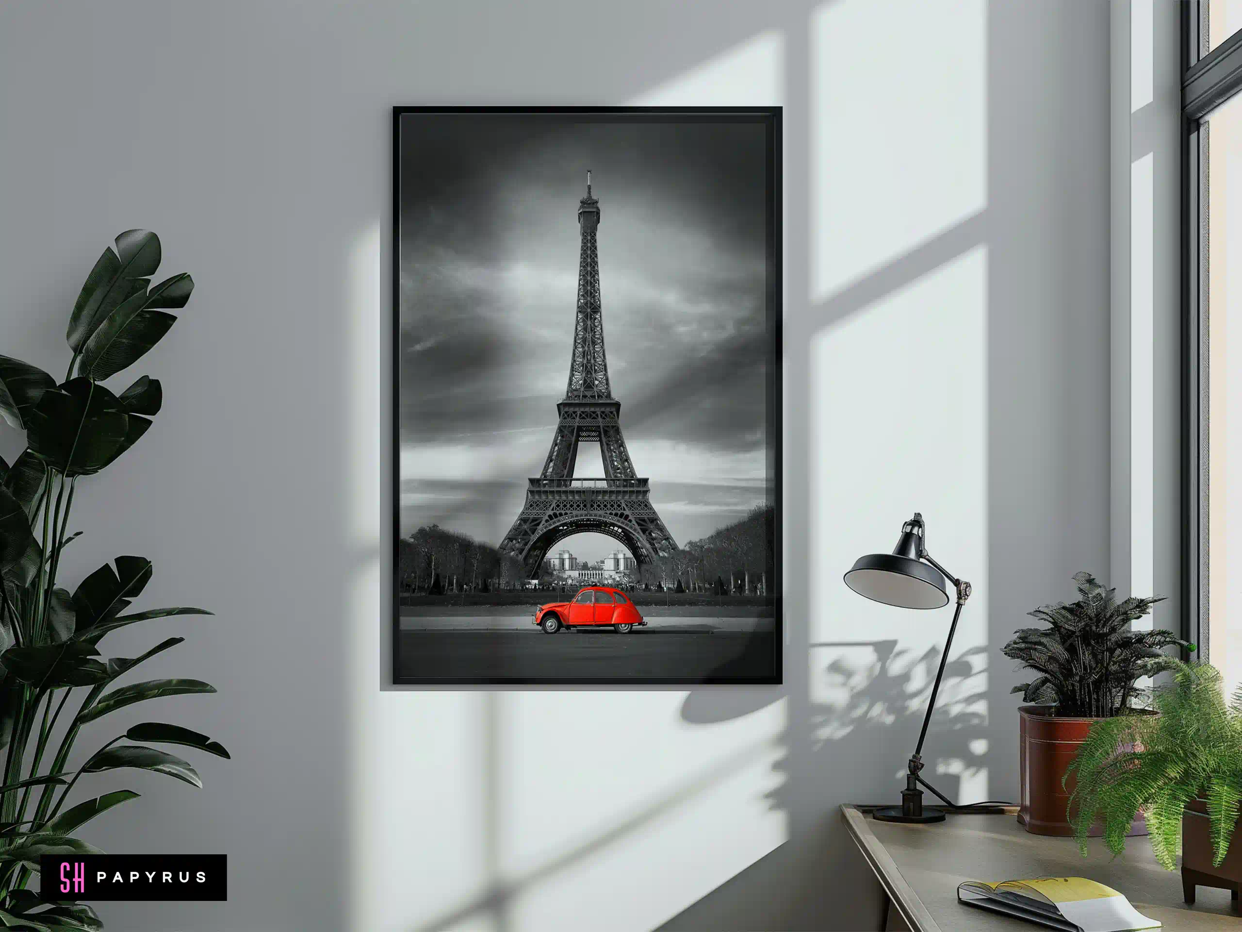 Iconic Eiffel Tower with Vintage Red Car Art Print