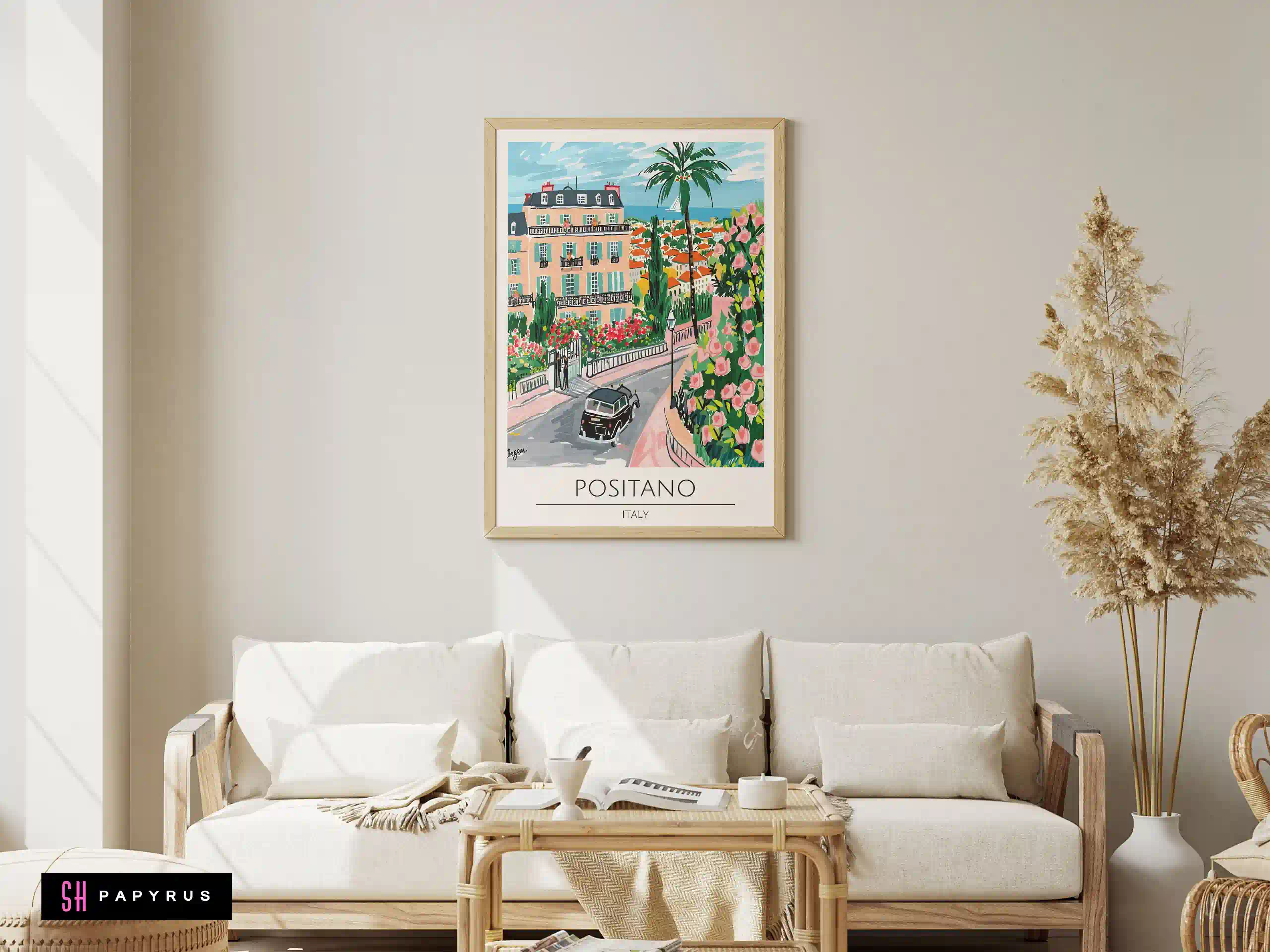 Vibrant Positano Italy Travel Poster with Pink Roses