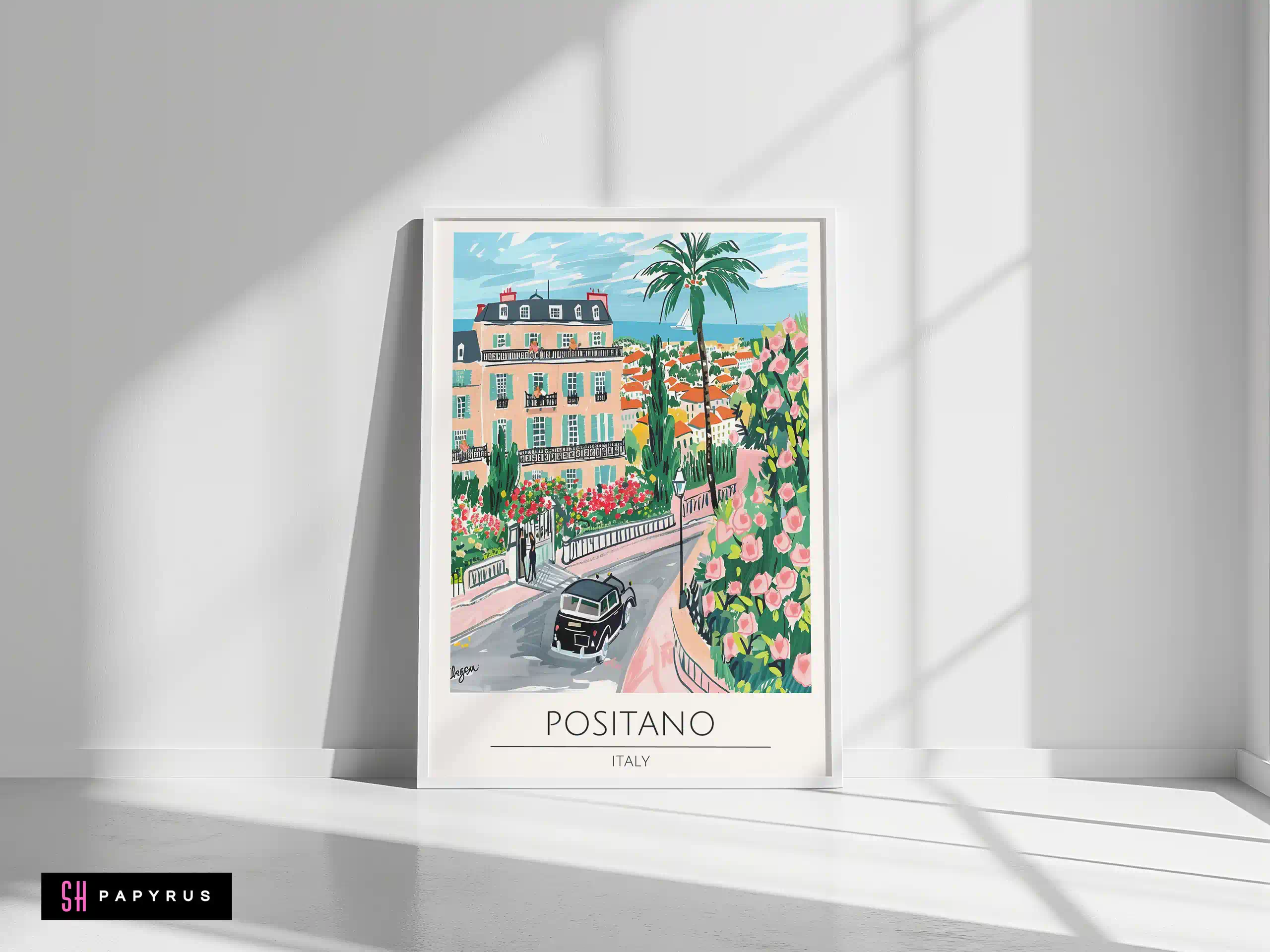 Vibrant Positano Italy Travel Poster with Pink Roses